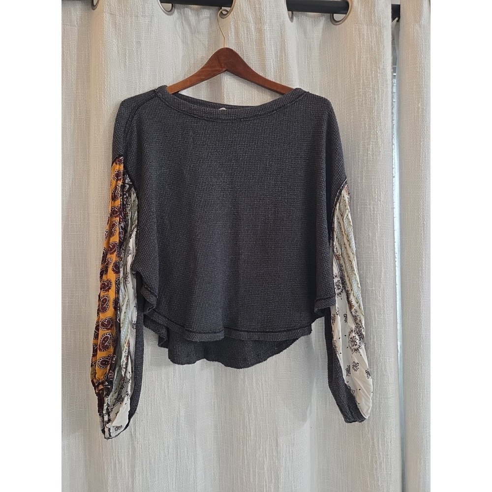 Free People Balloon Sleeve Patchwork Blossom Thermal Waffle Shirt Sz S Oversize